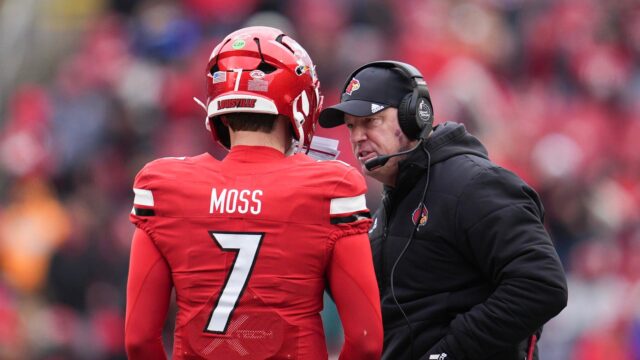 Louisville Cardinals quarterback Miller Moss and head coach Jeff Brohm