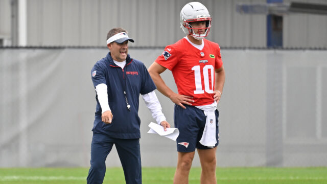 New England Patriots quarterback Drake Maye, offensive coordinator Josh McDaniels