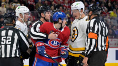 Boston Bruins defenseman Nikita Zadorov, Montreal Candiens forward Jared Davidson