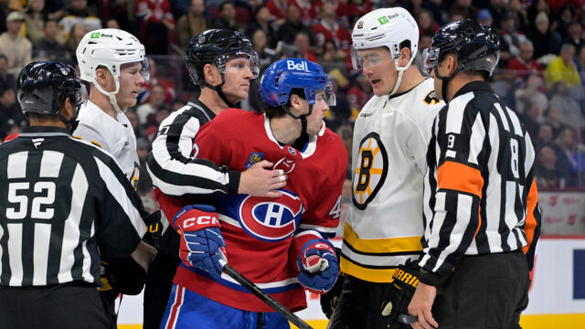 Boston Bruins defenseman Nikita Zadorov, Montreal Candiens forward Jared Davidson