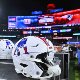 A New England Patriots helmet is seen on the sideline prior to the game against the New York Giants at Gillette Stadium.