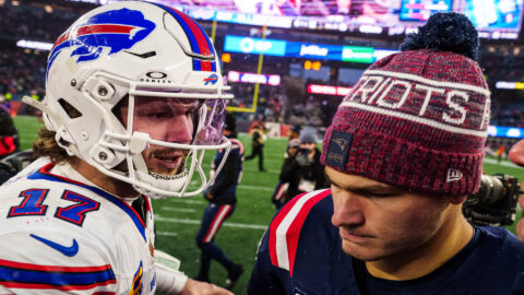 Buffalo Bills quarterback Josh Allen, New England Patriots quarterback Drake Maye
