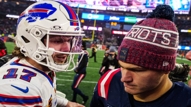 Buffalo Bills quarterback Josh Allen, New England Patriots quarterback Drake Maye