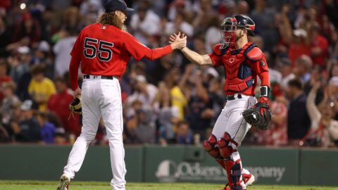 Boston Red Sox catcher Connor Wong and former Red Sox relief pitcher Matt Strahm