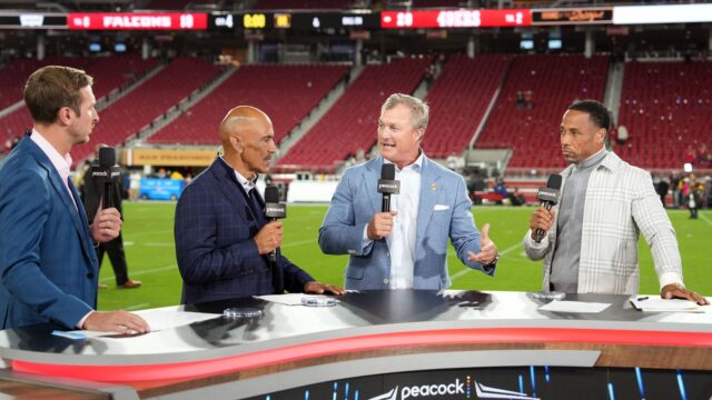 San Francisco 49ers general manager John Lynch and NBC Sports broadcasters Cris Collinsworth, Rodney Harrison and Tony Dungy