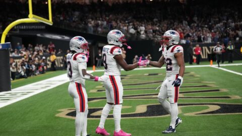 New England Patriots wide receivers Demario Douglas and Kayshon Boutte and running back TreVeyon Henderson