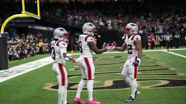 New England Patriots wide receivers Demario Douglas and Kayshon Boutte and running back TreVeyon Henderson