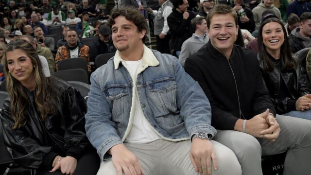 New England Patriots offensive tackle Will Campbell and quarterback Drake Maye