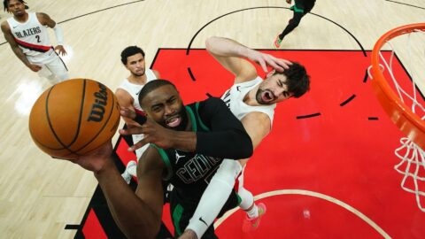 Portland Trail Blazers forward Deni Avdija and Boston Celtics guard Jaylen Brown