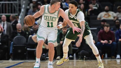 Boston Celtics guard Payton Pritchard and Milwaukee Bucks guard Ryan Rollins