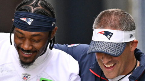 New England Patriots wide receiver Stefon Diggs with offensive coordinator Josh McDaniels