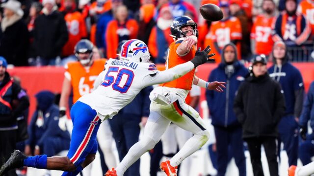 Buffalo Bills defensive end Greg Rousseau and Denver Broncos quarterback Bo Nix