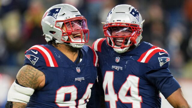 New England Patriots defensive linemen Corey Durden and K'Lavon Chaisson