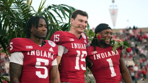 Indiana Hoosiers cornerback D'Angelo Ponds, quarterback Fernando Mendoza and running back Roman Hemby