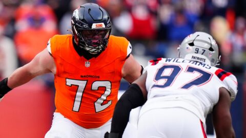 Denver Broncos offensive tackle Garett Bolles and New England Patriots defensive end Milton Williams