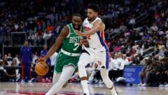 Boston Celtics guard Jaylen Brown and Detroit Pistons forward Tobias Harris