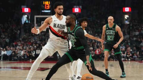 Boston Celtics guard Jaylen Brown and Portland Trail Blazers forward Toumani Camara