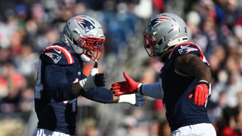 New England Patriots linebackers K'Lavon Chaisson and Harold Landry III