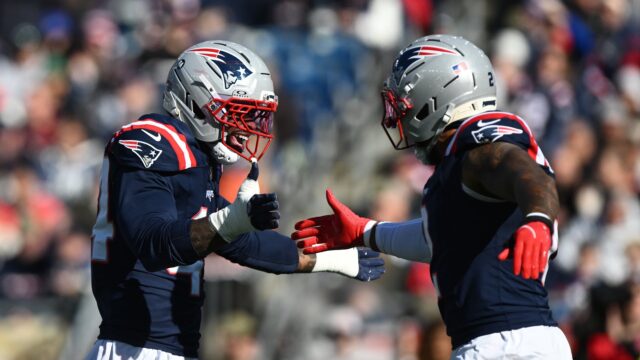 New England Patriots linebackers K'Lavon Chaisson and Harold Landry III