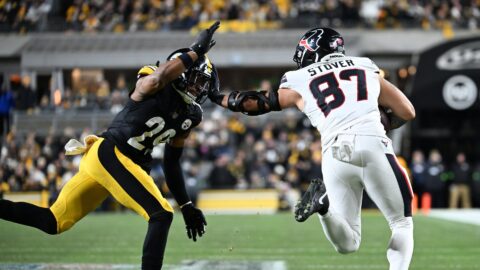 Houston Texans tight end Cade Stover and Pittsburgh Steelers safety Kyle Dugger