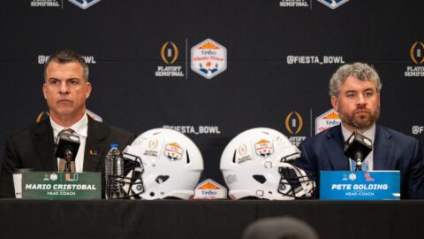 Miami Hurricanes head coach Mario Cristobal and Ole Miss Rebels head coach Pete Golding