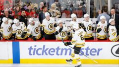 Boston Bruins defenseman Mason Lohrei