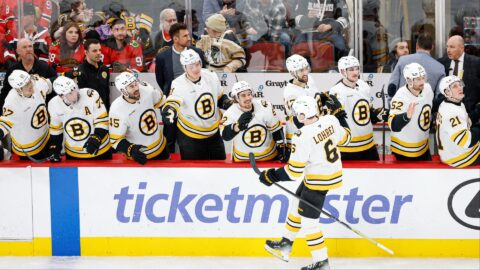 Boston Bruins defenseman Mason Lohrei