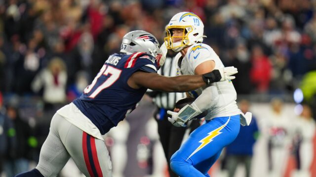 New England Patriots defensive lineman Milton Williams and Los Angeles Chargers quarterback Justin Herbert