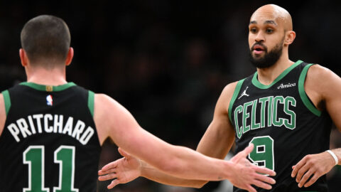 Boston Celtics guards Payton Pritchard and Derrick White