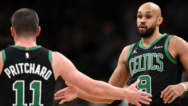 Boston Celtics guards Payton Pritchard and Derrick White