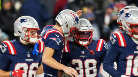 New England Patriots running back Rhamondre Stevenson, wide receivers Kyle Williams and Efton Chism III, and quarterback Drake Maye