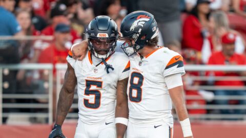 New England Patriots wide receiver Trent Sherfield Sr. and Denver Broncos quarterback Jarrett Stidham