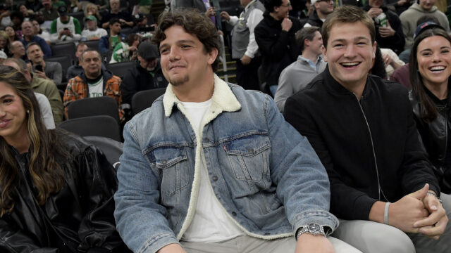 New England Patriots left tackle Will Campbell and quarterback Drake Maye