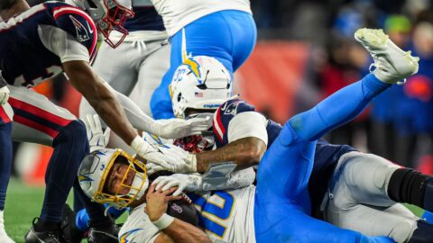 New England Patriots linebacker Anfernee Jennings and Los Angeles Chargers quarterback Justin Herbert