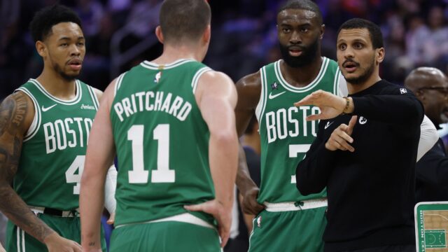 Boston Celtics head coach Joe Mazzulla, guard Payton Pritchard, guard Anfernee Simons and guard Jaylen Brown