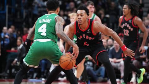 Boston Celtics guard Anfernee Simons and Toronto Raptors forward Scottie Barnes