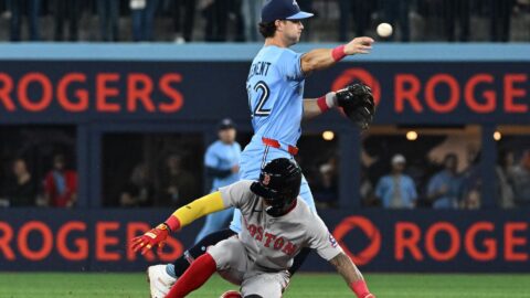 Boston Red Sox center fielder Cedanne Rafaela and Toronto Blue Jays infielder Ernie Clement