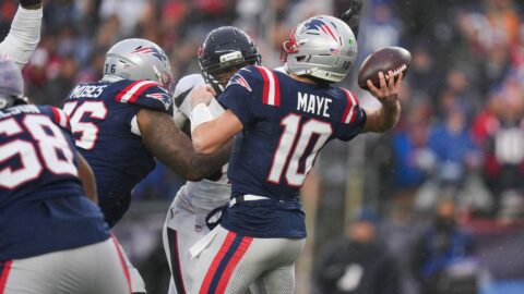 Houston Texans defensive end Danielle Hunter and New England Patriots quarterback Drake Maye