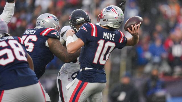 Houston Texans defensive end Danielle Hunter and New England Patriots quarterback Drake Maye