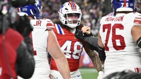 New England Patriots linebacker Jahlani Tavai, New York Giants guard Jon Runyan and New York Giants quarterback Jaxson Dart