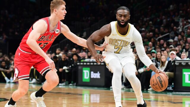 Boston Celtics guard Jaylen Brown and Chicago Bulls guard Kevin Huerter