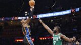Oklahoma City Thunder guard Shai Gilgeous-Alexander and Boston Celtics guard Jaylen Brown