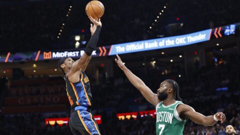 Oklahoma City Thunder guard Shai Gilgeous-Alexander and Boston Celtics guard Jaylen Brown