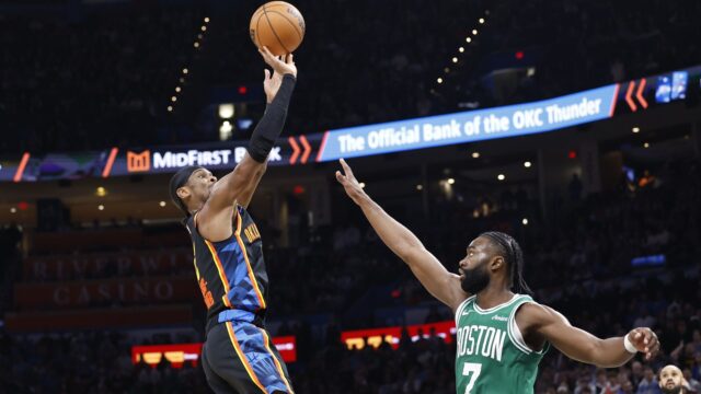 Oklahoma City Thunder guard Shai Gilgeous-Alexander and Boston Celtics guard Jaylen Brown