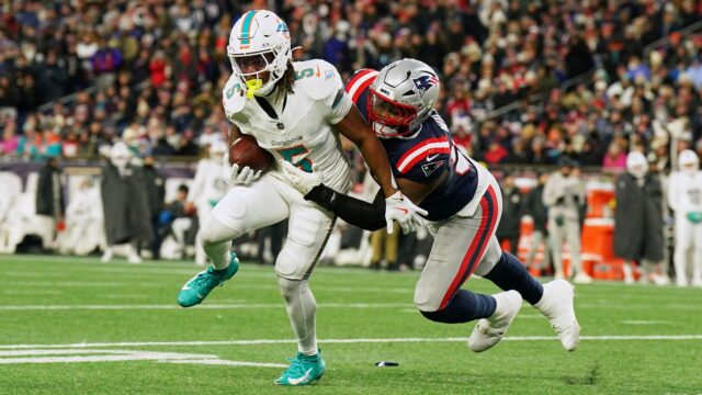 Miami Dolphins running back Jaylen Wright and New England Patriots defensive end Milton Williams
