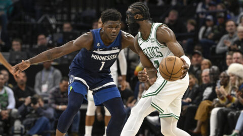 Minnesota Timberwolves guard Anthony Edwards and Boston Celtics forward Jaylen Brown