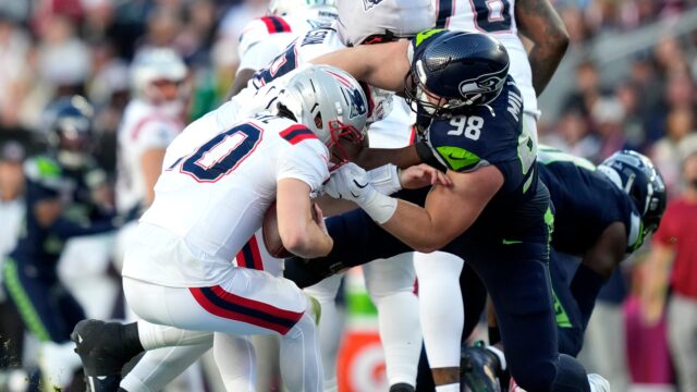 New England Patriots quarterback Drake Maye and Seattle Seahawks defensive tackle Rylie Mills