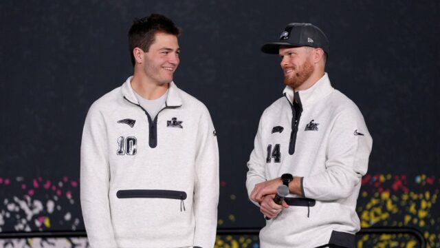 New England Patriots quarterback Drake Maye and Seattle Seahawks quarterback Sam Darnold