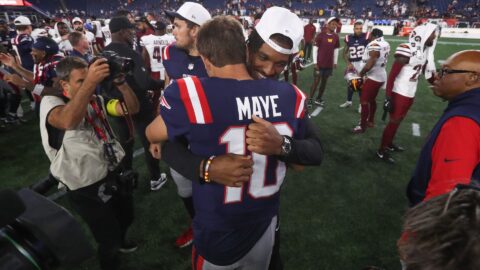 New England Patriots quarterback Drake Maye and Washington Commanders quarterback Jayden Daniels