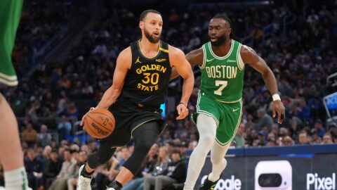 Golden State Warriors guard Stephen Curry and Boston Celtics forward Jaylen Brown